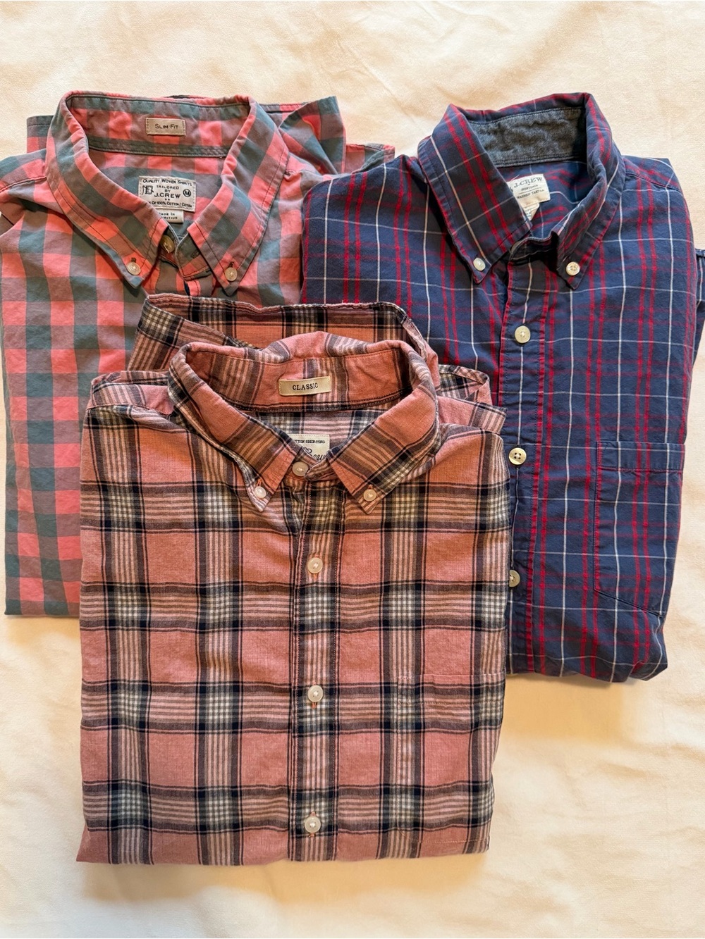 J. Crew Men's Plaid Button-Down Shirts in Pink and Navy Set of Three